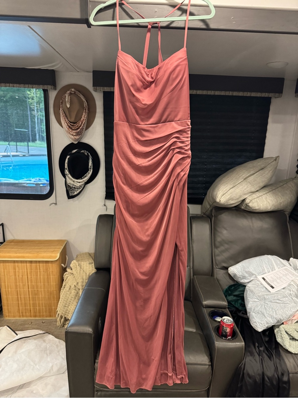 Azazie Desert Rose Cowl Neck Spaghetti Strap Gown